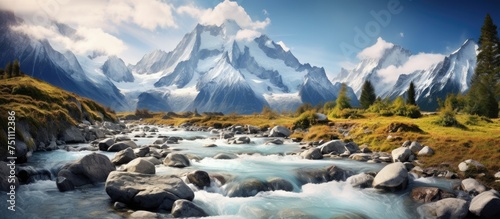 A painting depicting a mountain stream flowing through the majestic Alps, with Mont Blanc towering in the background. The glistening peaks and glacier add to the grandeur of the scene.