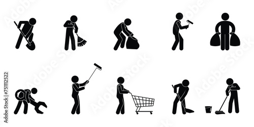 working man icon, stick figure human silhouettes, icon set people doing repairs