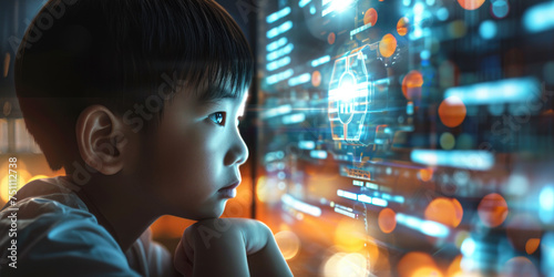 Asian young boy looking and thinking futuristic technological innovation education concept