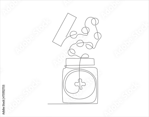 Continuous Line Drawing Of Medicine Bottle. One Line Of Jar Of Pills. Medicine Set Continuous Line Art. Editable Outline.