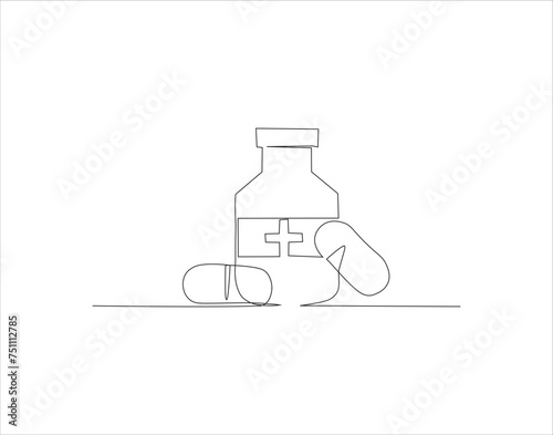 Continuous Line Drawing Of Medicine Bottle. One Line Of Jar Of Pills. Medicine Set Continuous Line Art. Editable Outline.