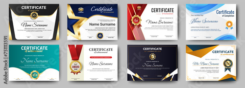 Certificates of completion template with luxury badge and modern line and shapes. Horizontal certificate For award, business, and education needs. Diploma vector template