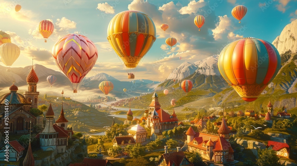 Fototapeta premium Colorful hot air balloons float serenely over a picturesque fantasy town nestled in a mountainous landscape.