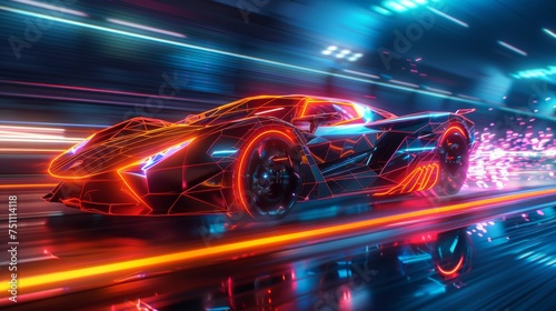 A conceptual futuristic sports car enhanced with striking neon light effects, symbolizing speed and innovation. © Vatcharachai