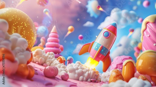 A whimsical, candy-colored rocket launching into a pastel sky, evoking a sense of playful exploration.