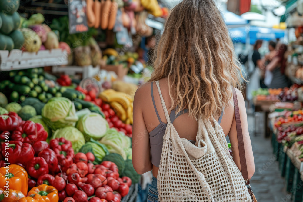 Zero Waste Grocery Shopping, Girl with Reusable Mesh Bag at Farmers Market