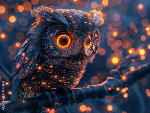 Digital artwork of an owl with glowing, cybernetic enhancements amidst an abstract, bokeh light background.