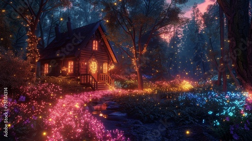 A cozy cabin in an enchanted forest setting surrounded by vibrant, magical lights and a mystical atmosphere.