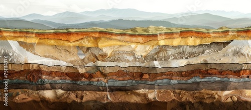 A detailed painting featuring a majestic mountain range set against a clear sky background. The mountains are depicted with varying shades of brown and green, creating a sense of depth and distance