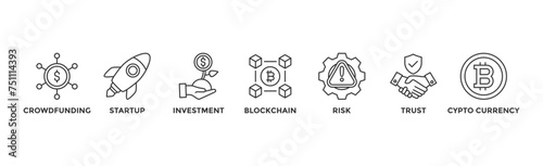 ICO banner web icon vector illustration concept of initial coin offering with icon of crowdfunding, startup, investment, blockchain, risk, trust and cypto currency	