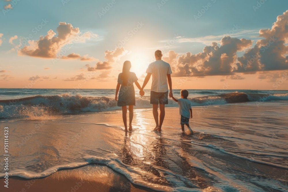 A family of three holding hands and walking along the beach, enjoying a beautiful sunset over the ocean.