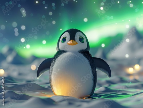 A whimsical illustration of a penguin under the magical northern lights in a snowy arctic landscape at night.