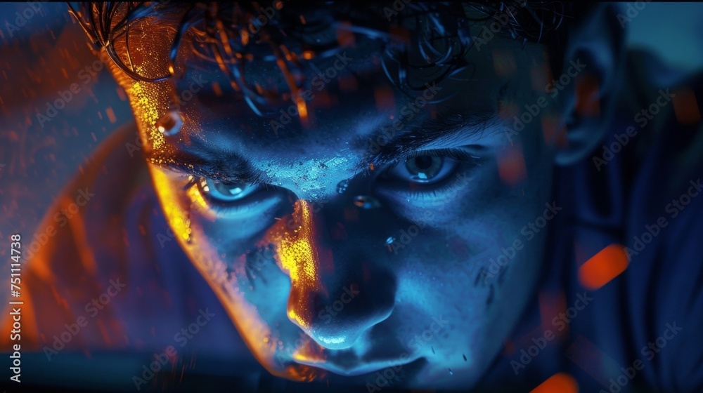 The tense and focused expression on the face of a gamer during a crucial moment in a match surrounded by the glow of their computer screen. The tense and focused expression on the face of a gamer during a crucial moment in a match surrounded by the glow of their computer screen.