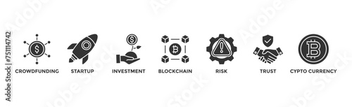 ICO banner web icon vector illustration concept of initial coin offering with icon of crowdfunding, startup, investment, blockchain, risk, trust and cypto currency	