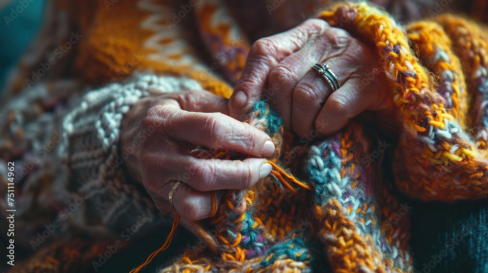 Handmade hobby crafts. mature woman hands knit crochet. closeup hand.