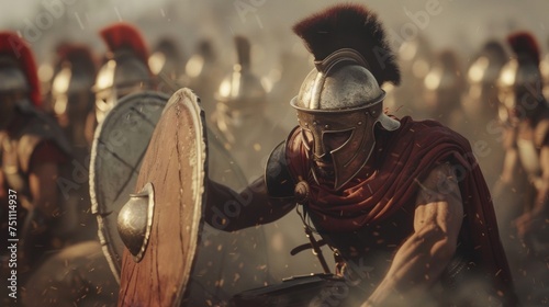 A soldier from the Phalanx kneeling down to brace his shield against the incoming attack showcasing their strategic defensive tactics. © Justlight