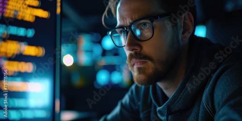 Man wear glasses looking Line of Code Projected on Face and Reflecting. Software Developer Working on Innovative e-Commerce App using AI, Big Data