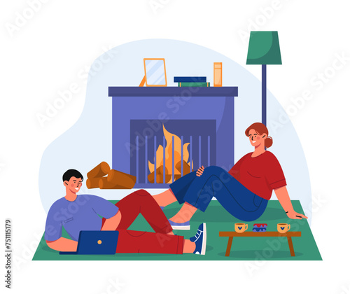 Couple sitting near fireplace vector