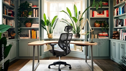 A stylish home office with a large desk, ergonomic chair, and shelves filled with books and plants