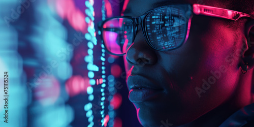 Black man wear glasses looking Line of Code Projected on Face and Reflecting. Software Developer Working on Innovative e-Commerce App using AI, Big Data