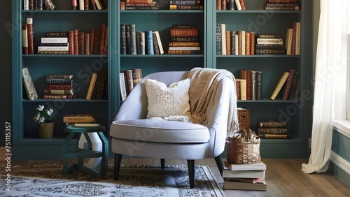 A cozy living room with a plush sofa, warm fireplace, and bookshelves filled with books. © yisby
