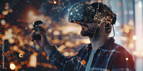 Man Wear glasses of virtual reality with Futuristic Fiber Optics Space with Dynamic Light Motion Technology, Science, and Design Concept Illustration