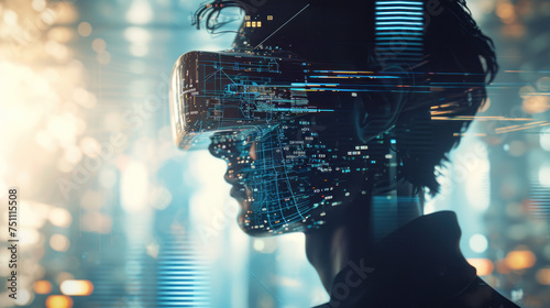 Man Wear glasses of virtual reality with Futuristic Fiber Optics Space with Dynamic Light Motion Technology, Science, and Design Concept Illustration