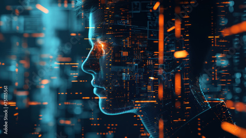 Man face with Futuristic Fiber Optics Space with Dynamic Light Motion Technology, Science, and Design Concept Illustration