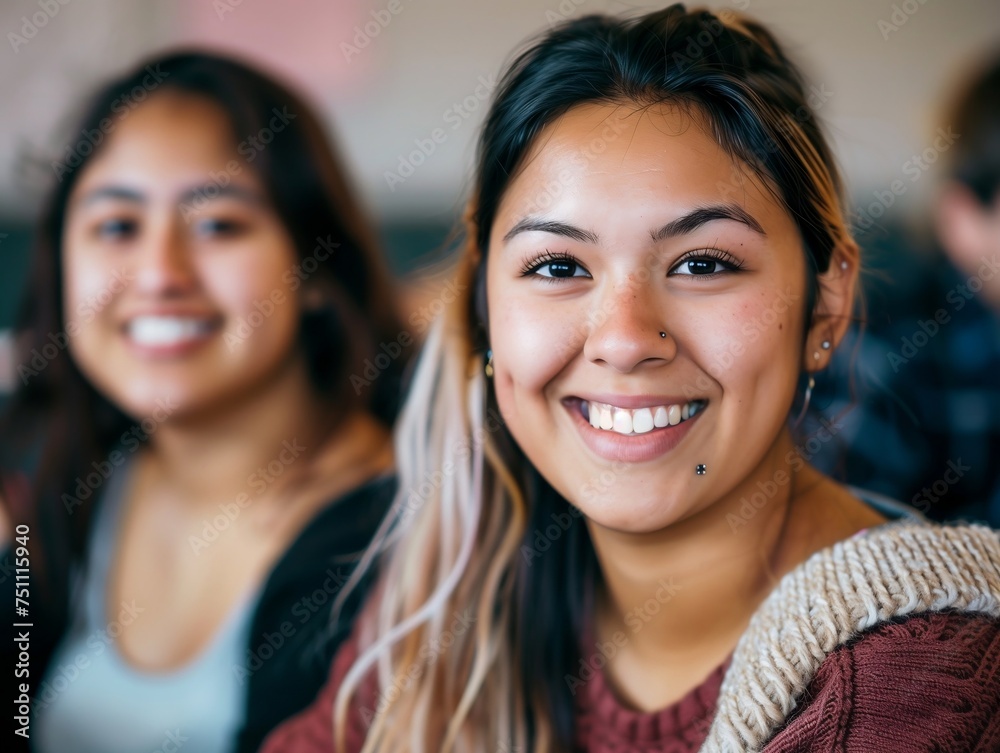 two women smiling in front of the instructor in a classroom. two women smiling in front of the instructor in a classroom.