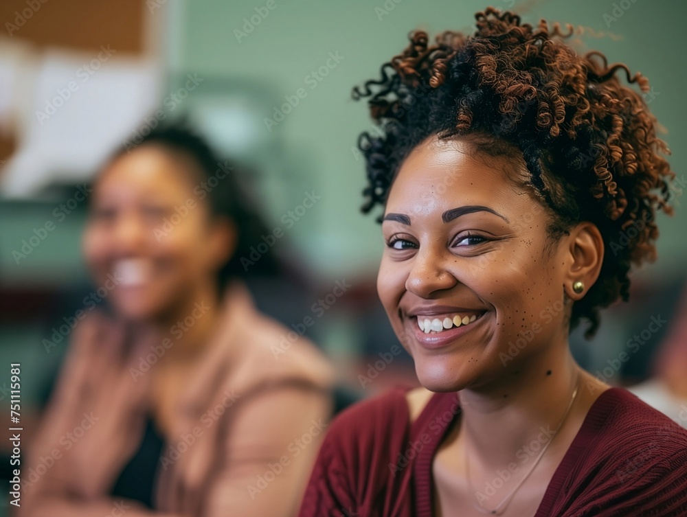 two women smiling in front of the instructor in a classroom.
