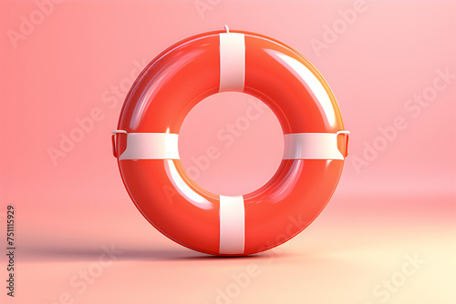 Close-up of a red bright lifebuoy on a pink background, generated by AI. 3D illustration