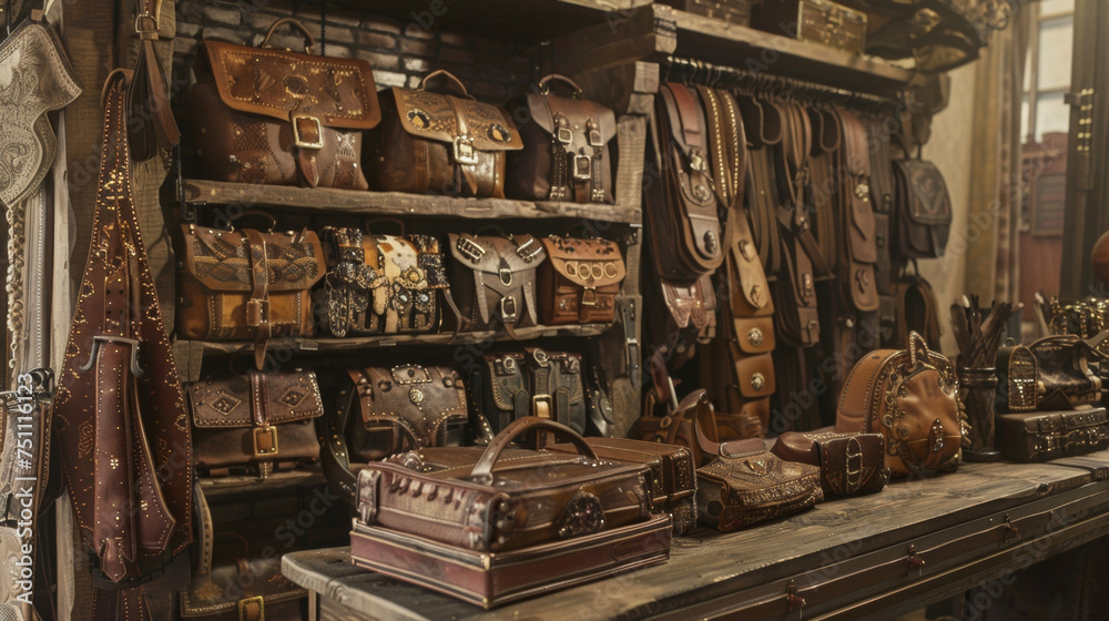 Inside the boutique a display table is covered with a variety of intricately designed leather bags in earthy hues. Nearby a rack holds an array of belts with unique buckle
