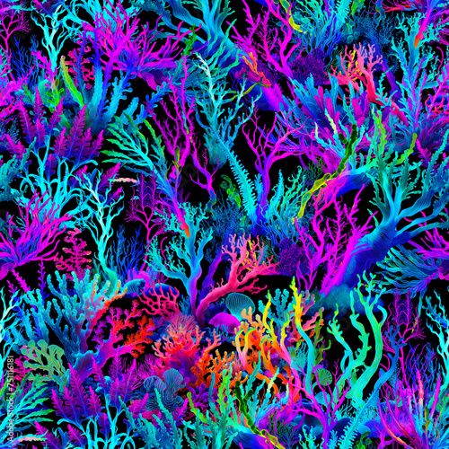 Colorful busy plants and corals seamless pattern on black