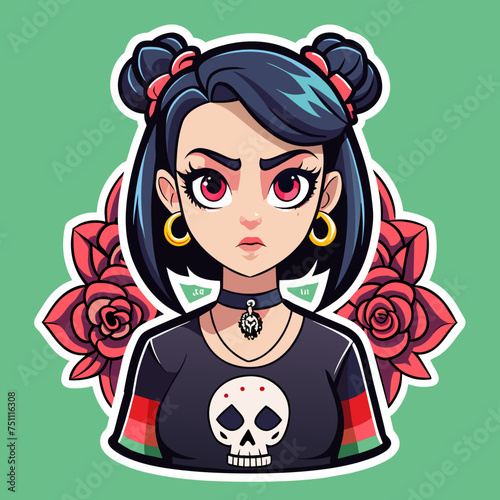 Tshirt sticker of a Rebel Chic Illustrate rebellious yet chic sticker featuring a girl with attitude wearing a tee adorned with edgy motifs like skulls, roses, or abstract designs, conveying a sense 