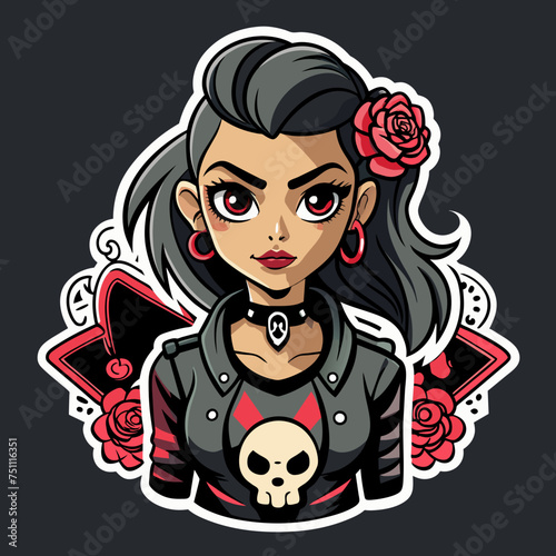 Tshirt sticker of a Rebel Chic Illustrate rebellious yet chic sticker featuring a girl with attitude wearing a tee adorned with edgy motifs like skulls, roses, or abstract designs, conveying a sense 