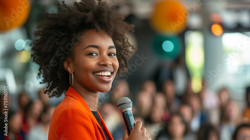 empowering female speaker: microphone on stage