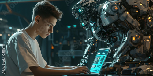 young man professional with robots working on a laptop computer, innovation technology concept