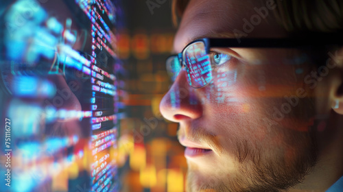 young man professional in sunglasses looking of Code Projected on Face and Reflecting. Software Developer Working on Innovative e-Commerce App using AI, Big Data