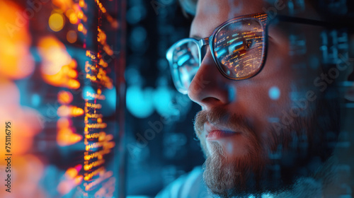 young man professional in sunglasses looking of Code Projected on Face and Reflecting. Software Developer Working on Innovative e-Commerce App using AI, Big Data