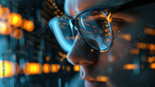 young man professional in sunglasses looking of Code Projected on Face and Reflecting. Software Developer Working on Innovative e-Commerce App using AI, Big Data