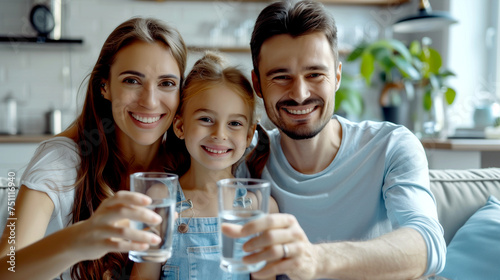 Happy Family Drinking Clean Water - Nature Conservation Concept