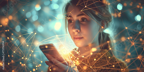 Young woman holding mobile device with electric light modern interface network connection virtual business innovation technology concept