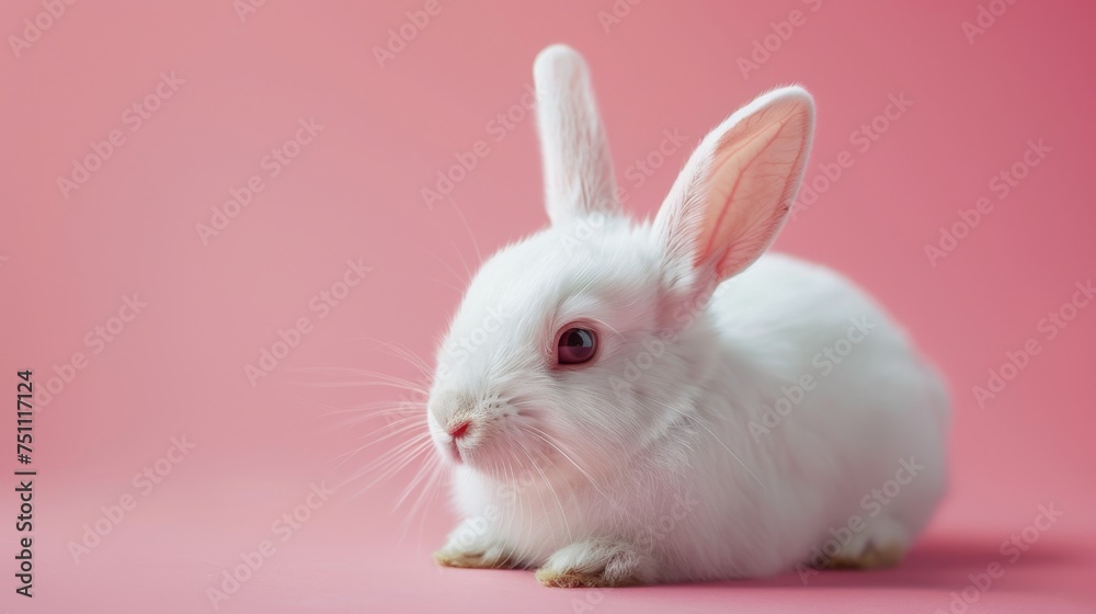 A white rabbit with translucent pink ears lies down, blending into the soft pink background, with copy space for easter, rabbit, animal, pet, cute, fur, ear, mammal, background, celebration A white rabbit with translucent pink ears lies down, blending into the soft pink background, with copy space for easter, rabbit, animal, pet, cute, fur, ear, mammal, background, celebration