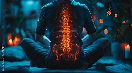 Pain in the lumbar spine and spinal cord. Human back pain, Man with inflamed spinal cord injury pain highlighted in glowing red-orange. Spine injury pain in sacral #751117102