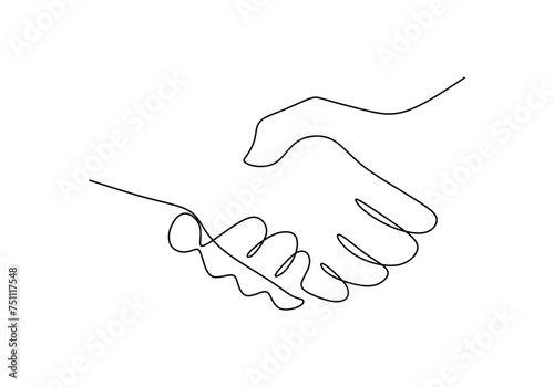 Shaking hands in continuous one line art drawing. Vector illustration of relationship and business agreement.