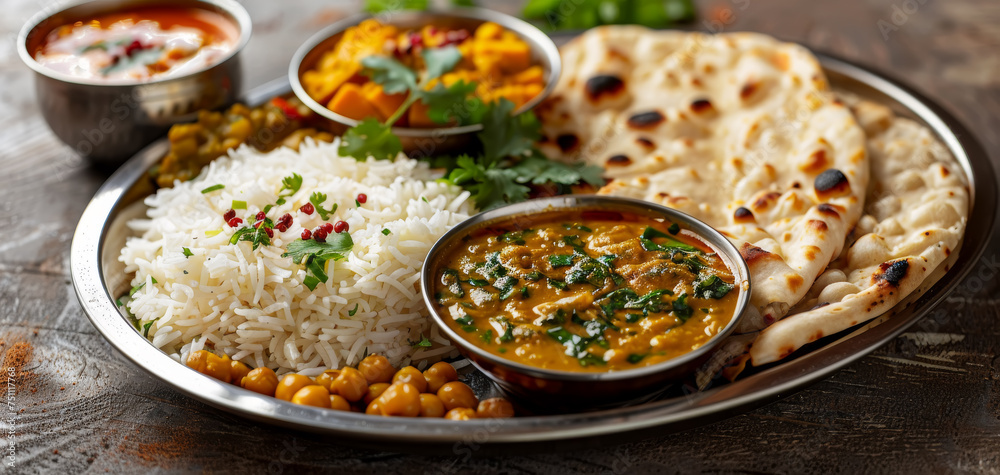 A colorful platter of Indian food including curry, rice, and naan,ai generated