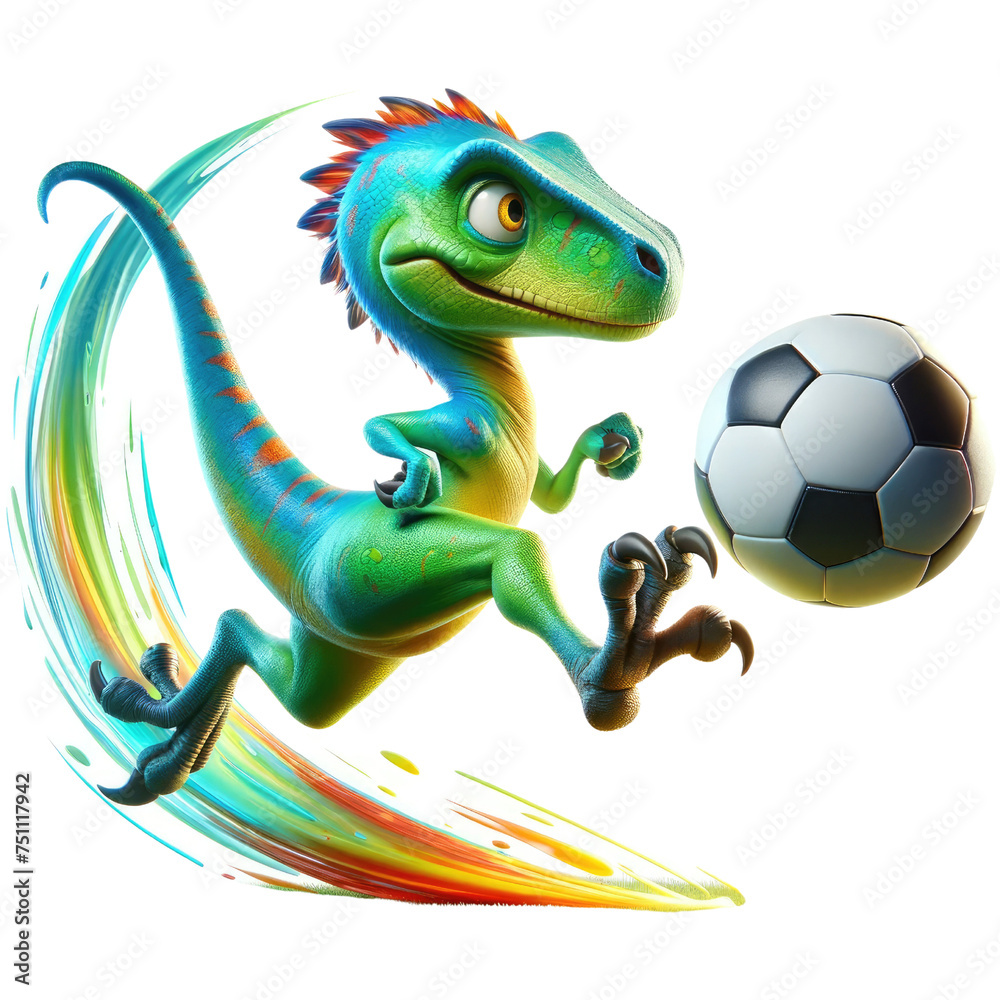 A lively green dinosaur character engaging in a game of soccer, showcasing a colorful streak with its tail motion.