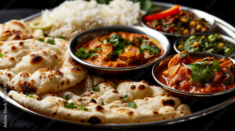 Traditional Indian meal with curry, rice, and freshly baked naan,ai generated