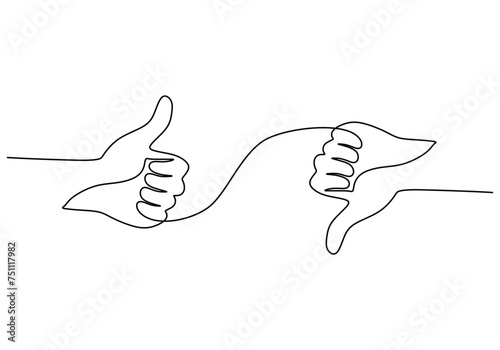 Continuous line drawing of hands giving thumbs up and down. Symbol of approval and disapproval. Like and dislike concept vector illustration.