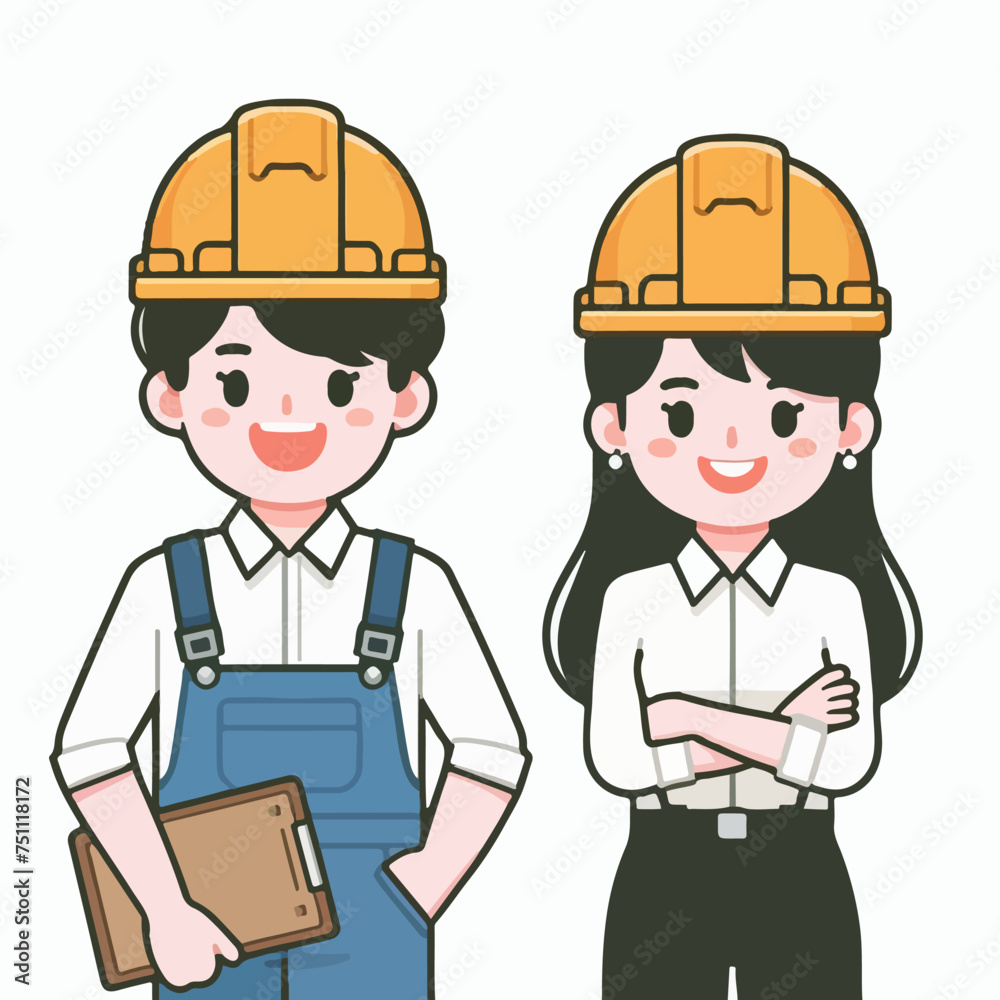 flat design illustration of a construction couple with safety helmets flat design illustration of a construction couple with safety helmets